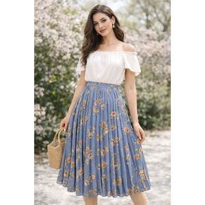 Max Studio Floral Pleated Midi Skirt Blue Boho High Waist Elastic Cottagecore L